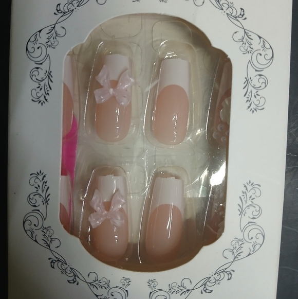 Other - White tip pink bow flower floral press on nails